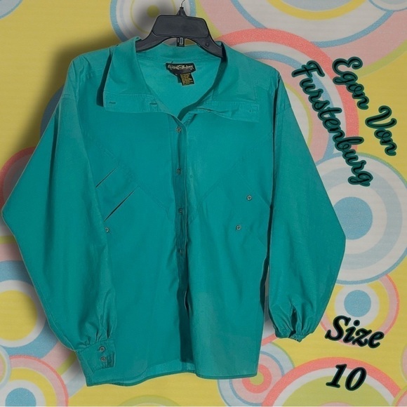 Vintage EGON Von Furstenburg Unique Dolman Sleeve Aqua Button Down Size 10 - Picture 1 of 13